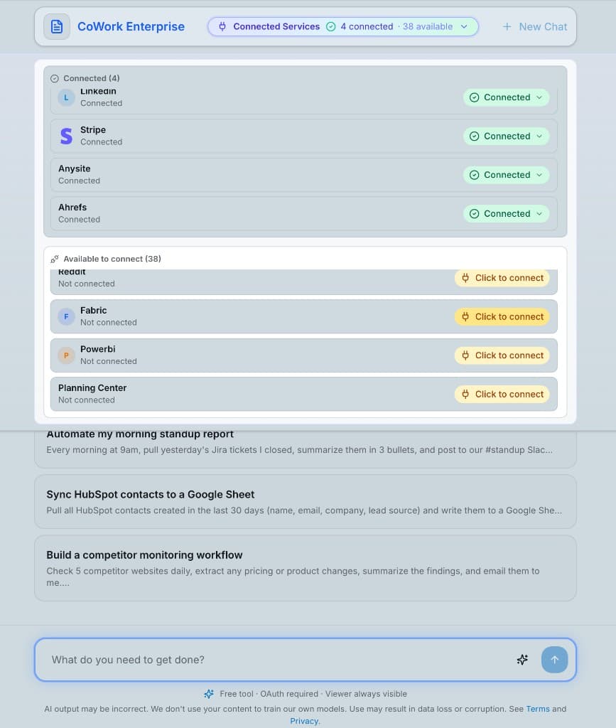 CoWork Enterprise connected services and task execution interface